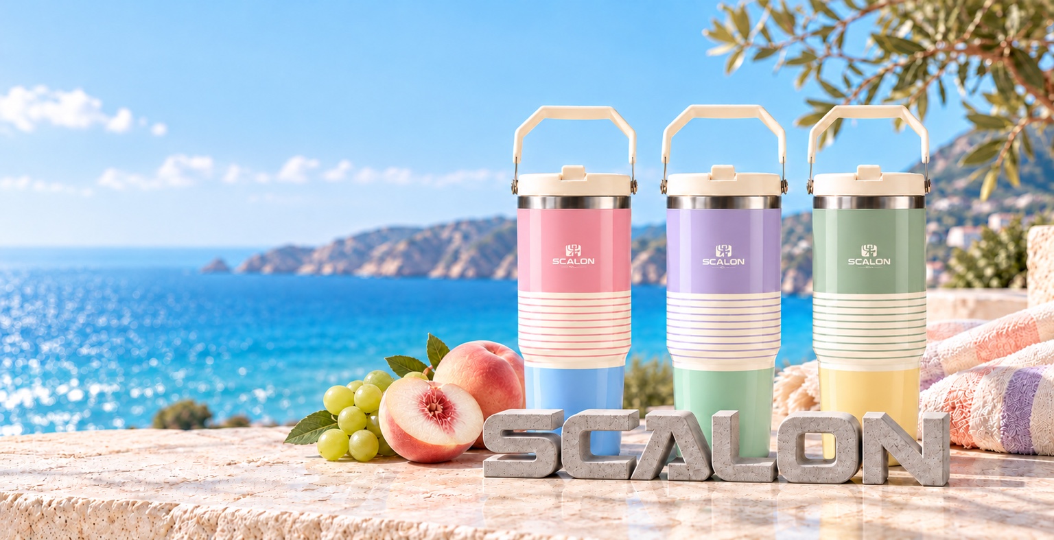 해변 테라스에 놓인 스칼론 핑크·라벤더·그린 스트라이프 텀블러와 석재 SCALON 조형물